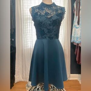 Francesca’s teal dress with burnout floral detail, skater style, size medium